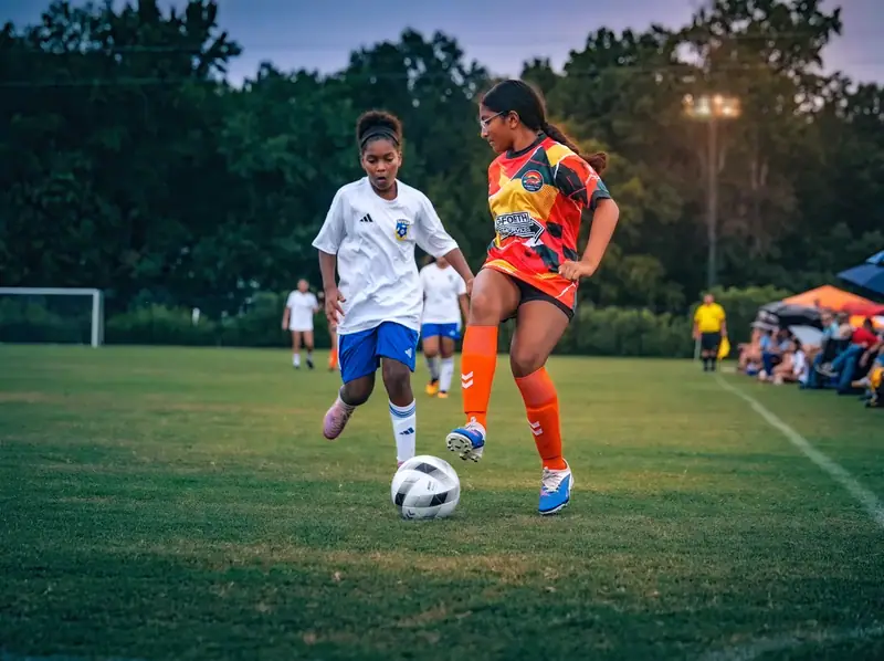 A CCFC player runs the ball past a defender in white while families watch from the touchline on tournament weekend
